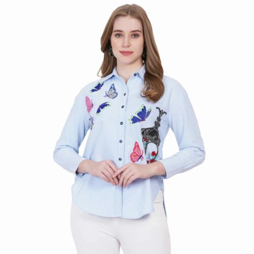 Blue Denim Shirt with Embroidered Front