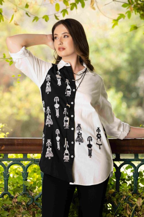 SOLID COLOR EMBROIDERED SLEEVES SHIRT