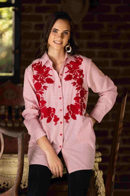 Pink Floral Shirt with Embroidered Front