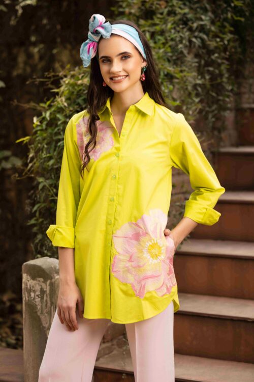 VIBRANT YELLOW SOLID COLOR FRONT EMBROIDERED SHIRT