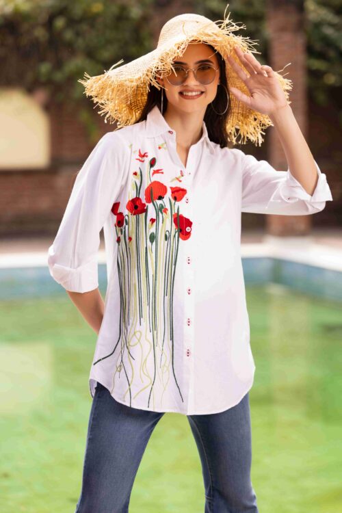 White Embroidered Shirt with Collar